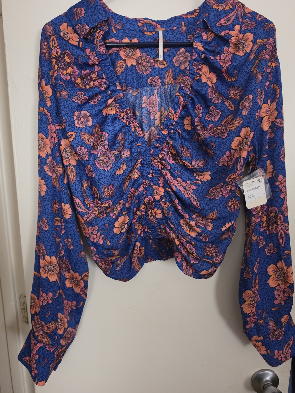 NWT Free People Ruched Floral Shirt - Blue & Orange